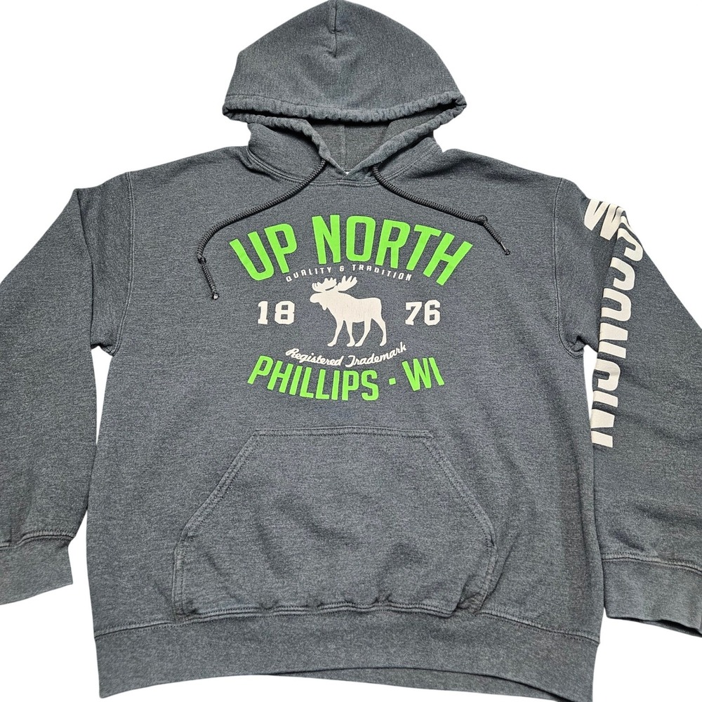 Wisconsin Up North Hoodie Medium Gray Phillips WI Moose Gorpcore Outdoors Travel